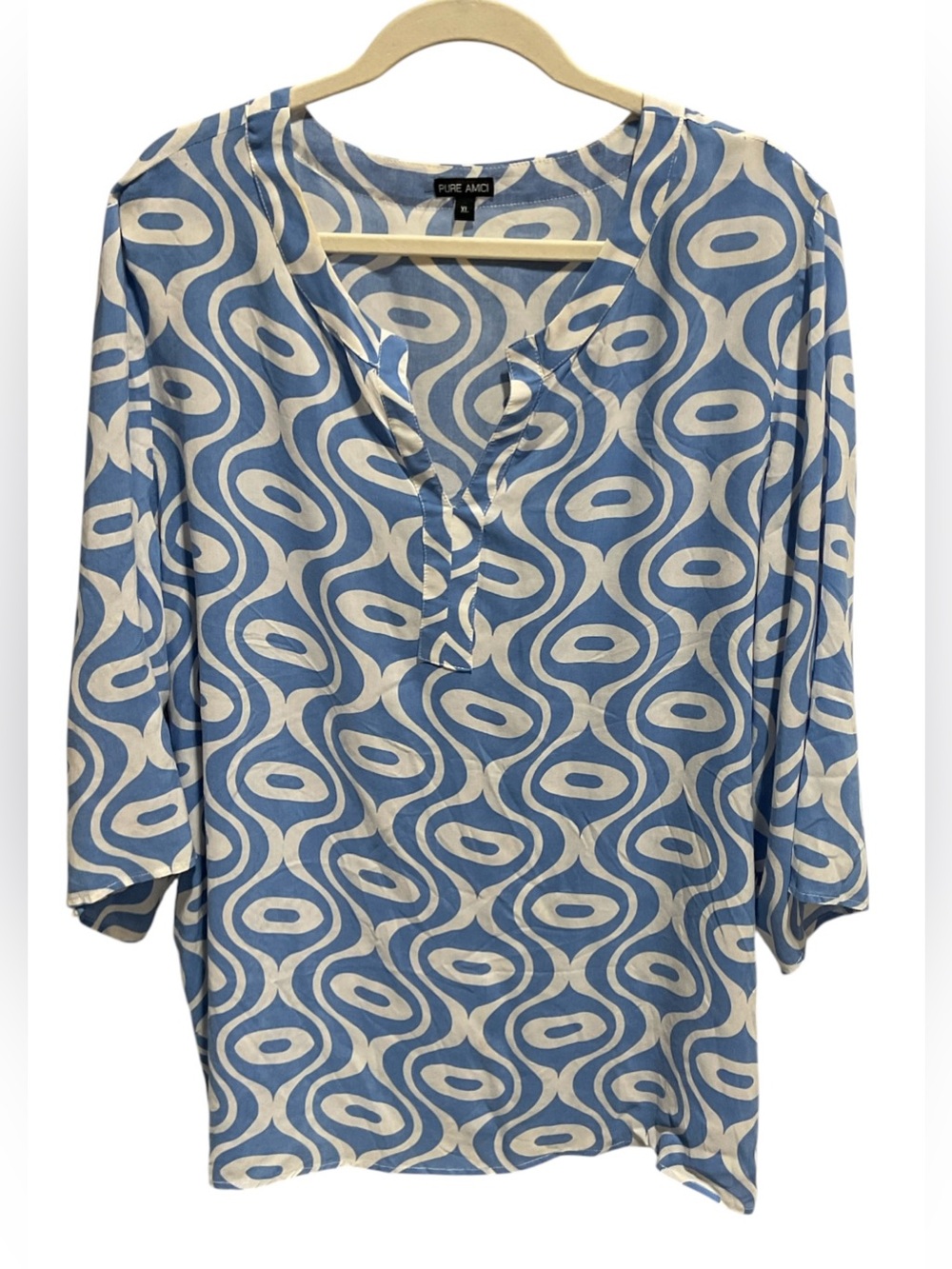 Pure Amici Blue & White Geometric Print Tunic Blouse Size XL